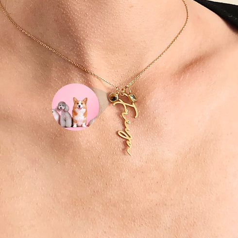 Photo Projection, Name & Birthstone Necklace